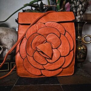 Flower Bag Crossbody Purse Orange Faux Leather 3D Floral Camellia Rose Statement